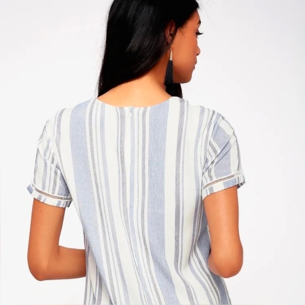 Lulus | Ardell Blue and White Striped Embroidered Shift Dress Size Medium - Picture 3 of 12